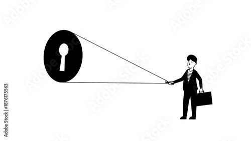 Minimalist illustration of a businessman observing a warning symbol, representing risk awareness, alertness, and decision making.