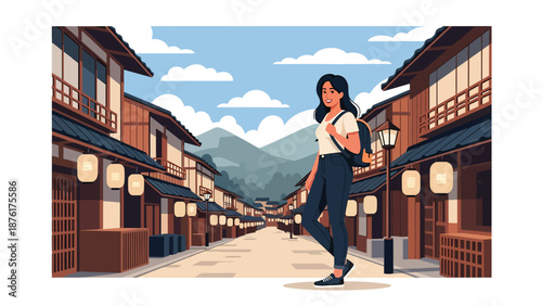 Flat vector illustration of a solo woman traveler exploring a traditional Japanese street with wooden houses and lanterns, calm travel lifestyle concept in solid colors