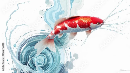 Red and white koi swimming through a dynamic water swirl illustration.