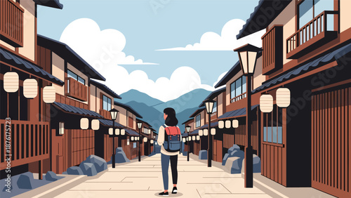 Flat vector illustration of a solo woman traveler exploring a traditional Japanese street with wooden houses and lanterns, calm travel lifestyle concept in solid colors