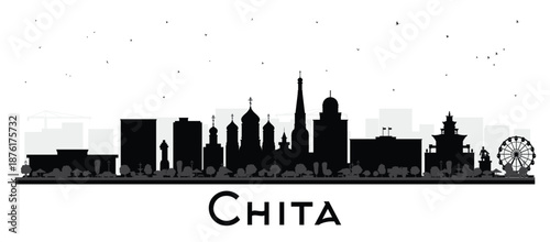 Chita Russia city skyline silhouette with black buildings isolated on white. Illustration. Chita cityscape with landmarks. Business travel and tourism concept with modern and historic architecture.
