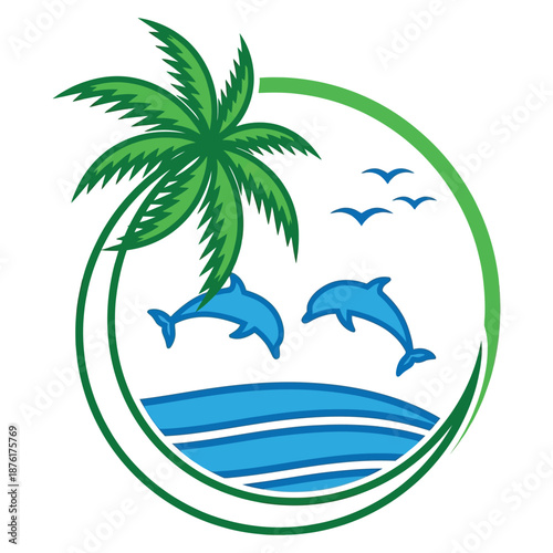 A vibrant circular design featuring playful dolphins leaping from ocean waves under a palm tree