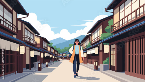 Flat vector illustration of a solo woman traveler exploring a traditional Japanese street with wooden houses and lanterns, calm travel lifestyle concept in solid colors