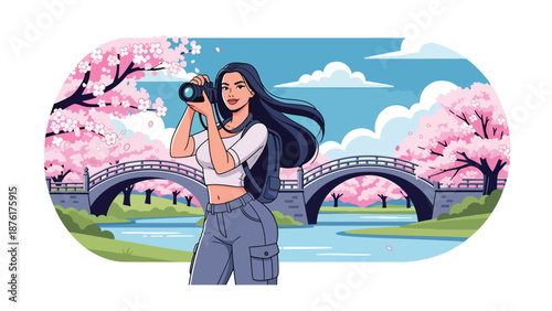 Vector illustration of a woman tourist enjoying cherry blossoms in a peaceful Japanese park, spring travel atmosphere with nature scenery in clean flat design style