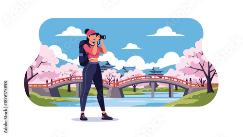 Vector illustration of a woman tourist enjoying cherry blossoms in a peaceful Japanese park, spring travel atmosphere with nature scenery in clean flat design style