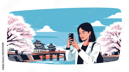 Vector illustration of a woman tourist enjoying cherry blossoms in a peaceful Japanese park, spring travel atmosphere with nature scenery in clean flat design style