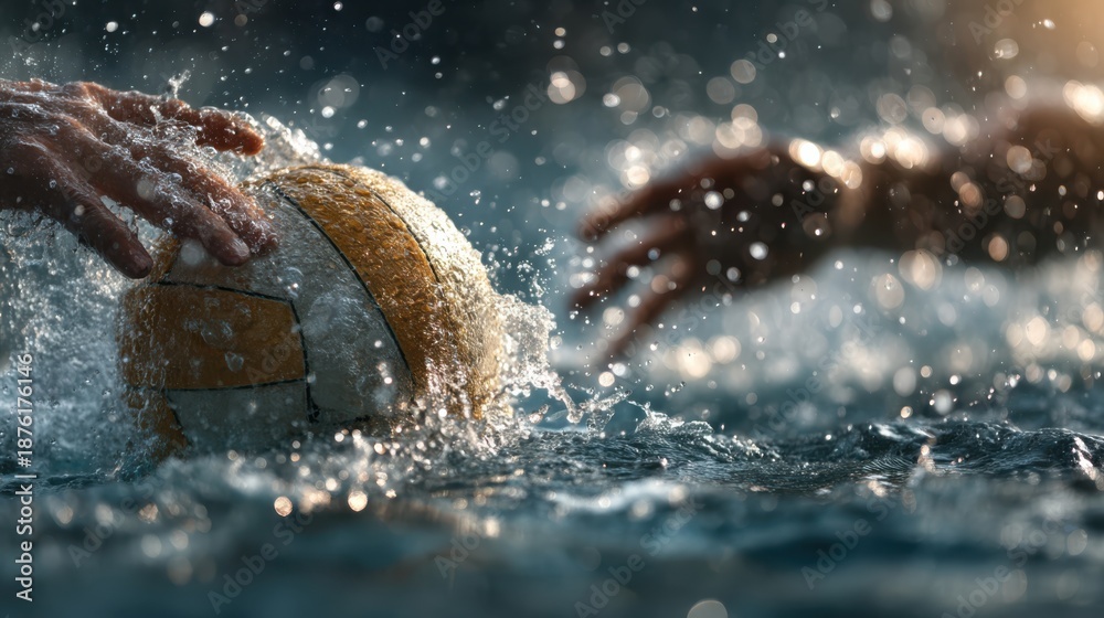 Obraz premium A volleyball is passed between two players in a pool setting, showcasing active leisure and teamwork.