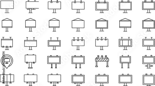 Billboard vector icon set featuring outdoor advertising signs, blank display boards, street signage, promotional frames, and marketing panels