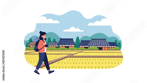 Flat vector illustration of a woman traveler walking through rural Japan with rice fields and traditional houses, peaceful countryside travel concept in solid colors