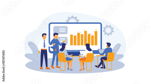 Business team analyzing data on large screen in modern office setting
