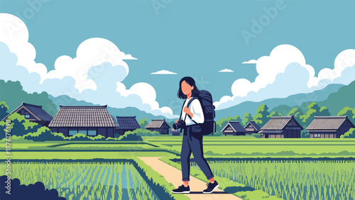 Flat vector illustration of a woman traveler walking through rural Japan with rice fields and traditional houses, peaceful countryside travel concept in solid colors
