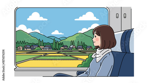 Vector illustration of a woman traveling by train in Japan, looking out at countryside scenery, calm transportation and slow travel concept in flat style
