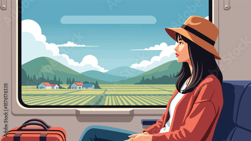 Vector illustration of a woman traveling by train in Japan, looking out at countryside scenery, calm transportation and slow travel concept in flat style