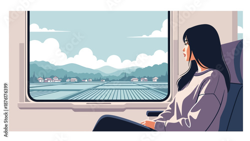 Vector illustration of a woman traveling by train in Japan, looking out at countryside scenery, calm transportation and slow travel concept in flat style
