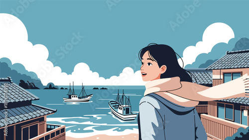 Flat vector illustration of a woman traveler exploring a quiet Japanese coastal town with ocean views, seaside travel lifestyle concept in solid colors