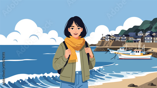 Flat vector illustration of a woman traveler exploring a quiet Japanese coastal town with ocean views, seaside travel lifestyle concept in solid colors