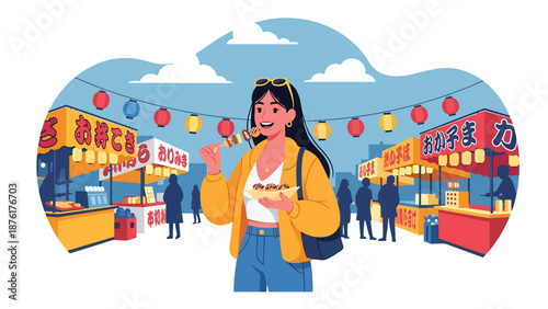 Vector illustration of a woman enjoying Japanese street food at a local market, cultural travel experience concept in clean flat vector style