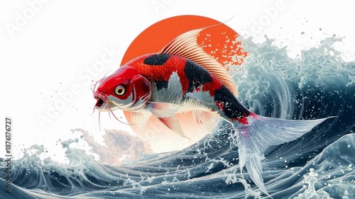 Vibrant red and black koi leaping through stylized ocean waves at sunrise.