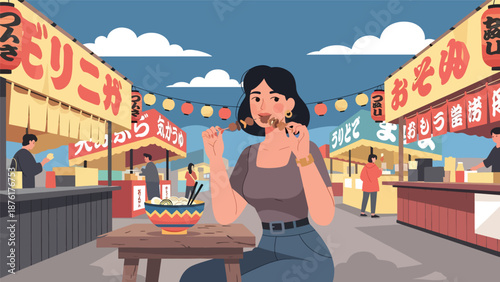Vector illustration of a woman enjoying Japanese street food at a local market, cultural travel experience concept in clean flat vector style