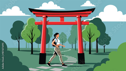 Flat vector illustration of a woman traveler walking through red torii gates along a forest path, spiritual travel and nature exploration concept