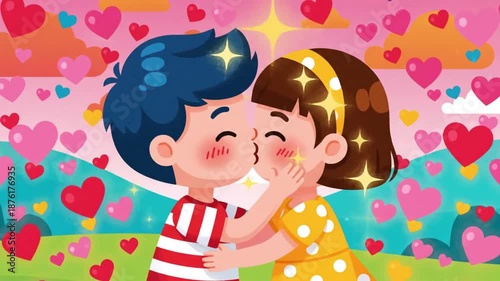 Cute cartoon couple kissing, a romantic love story icon for Valentine's Day celebration with hearts