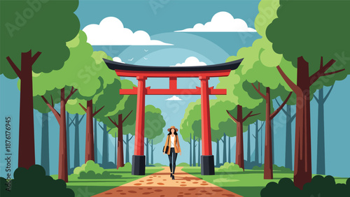 Flat vector illustration of a woman traveler walking through red torii gates along a forest path, spiritual travel and nature exploration concept