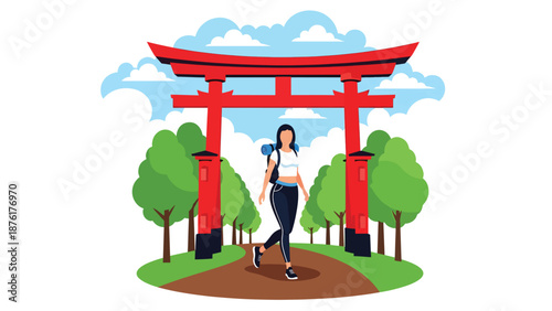 Flat vector illustration of a woman traveler walking through red torii gates along a forest path, spiritual travel and nature exploration concept
