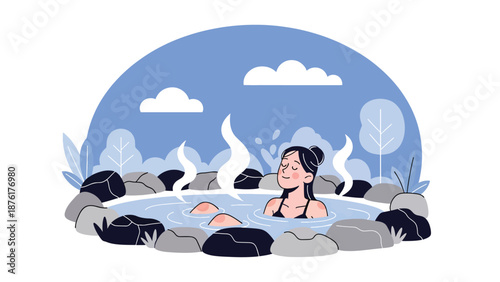 Vector illustration of a woman relaxing at a Japanese hot spring area surrounded by nature, wellness and slow travel lifestyle concept in flat style