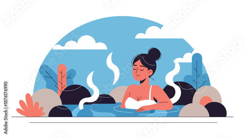 Vector illustration of a woman relaxing at a Japanese hot spring area surrounded by nature, wellness and slow travel lifestyle concept in flat style