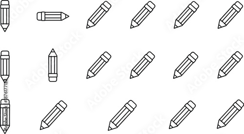 Hand drawn pencil icon set, outline school stationery illustration pattern, creative education design elements on white background vector