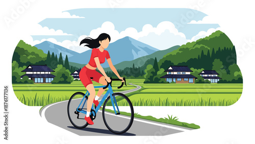 Flat vector illustration of a woman cycling through Japanese countryside scenery, eco travel and outdoor adventure concept in solid color design