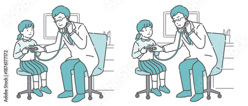 聴診器で診察する男性医師のイラストセット（白衣・女の子・通常と体調不良）