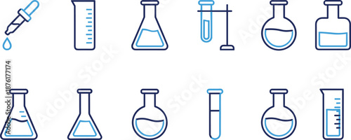 Laboratory glassware icons set, chemistry equipment outline illustration, scientific research tools, medical and educational lab symbols