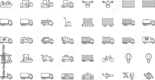 Logistics and transportation line icons set featuring trucks, ships, drones, containers, warehouse delivery systems, and supply chain concepts