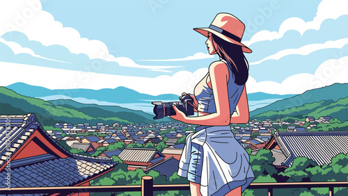 Vector illustration of a woman traveler photographing a scenic Japanese town viewpoint, travel photography and exploration concept in flat vector style