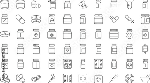Medical pharmacy line icons set featuring pills capsules bottles syringes healthcare medicine symbols vector illustration minimalist blue outline