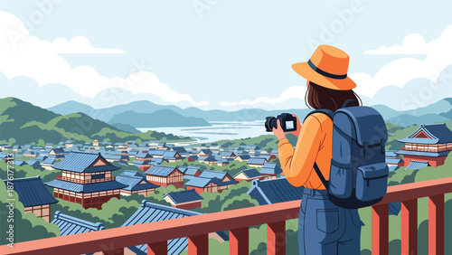 Vector illustration of a woman traveler photographing a scenic Japanese town viewpoint, travel photography and exploration concept in flat vector style