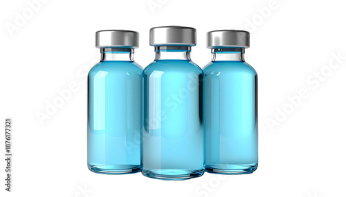 Three glass vials filled with a blue liquid, silver caps, against a black background