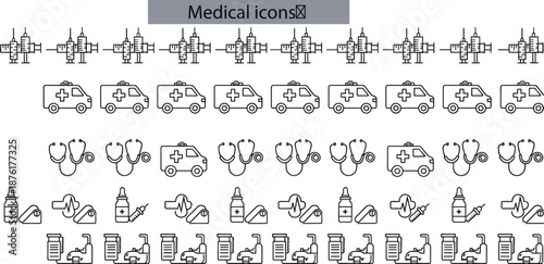 Medical icons set, healthcare symbols, hospital equipment, emergency tools, stethoscope, syringe, ambulance, medicine, heart monitor, bandage