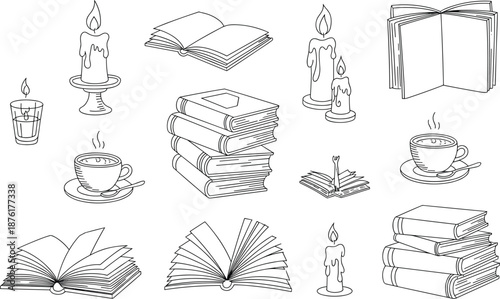 Black and white of books and candles with tea cups