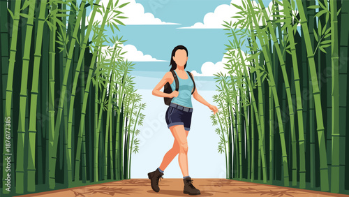 Flat vector illustration of a woman traveler walking through a bamboo forest in Japan, peaceful nature travel concept with tall greenery in clean solid color style