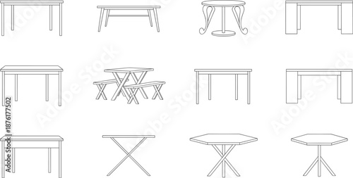 Table design variations, furniture sketches, line art tables, modern and classic styles, structural concepts, tabletop configurations