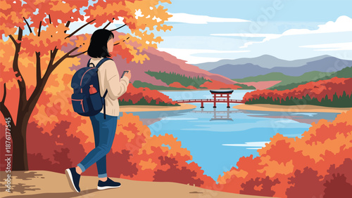 Vector illustration of a woman enjoying autumn travel in Japan with colorful maple trees, seasonal tourism and peaceful outdoor lifestyle in flat vector design