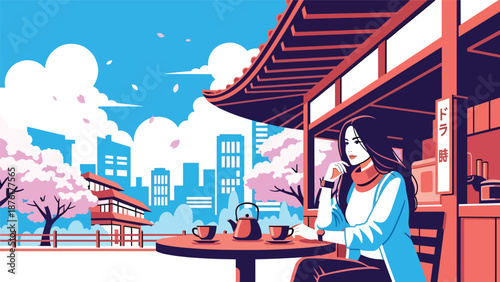 Flat vector illustration of a woman traveler relaxing at an outdoor café in Japan, urban travel lifestyle with traditional atmosphere in solid color style
