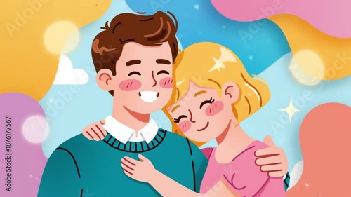 Cute cartoon couple in love embracing, a romantic relationship and affection icon on a dreamy abstract background