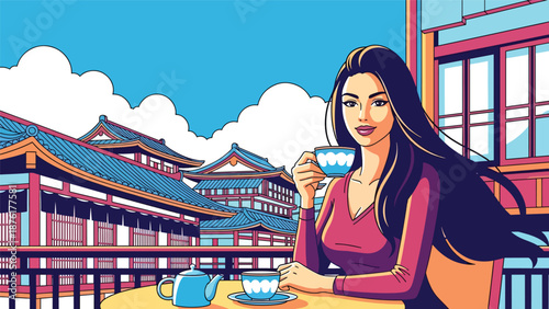 Flat vector illustration of a woman traveler relaxing at an outdoor café in Japan, urban travel lifestyle with traditional atmosphere in solid color style