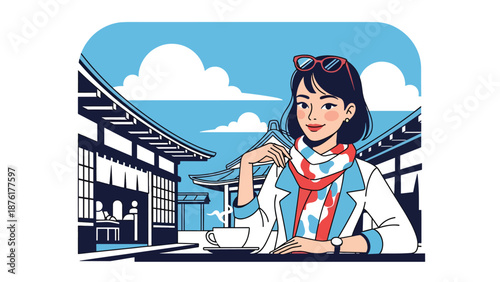 Flat vector illustration of a woman traveler relaxing at an outdoor café in Japan, urban travel lifestyle with traditional atmosphere in solid color style