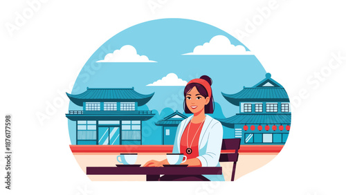 Flat vector illustration of a woman traveler relaxing at an outdoor café in Japan, urban travel lifestyle with traditional atmosphere in solid color style