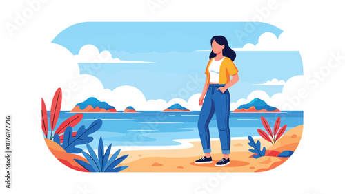 Vector illustration of a woman traveler enjoying a quiet Japanese beach, coastal tourism and summer travel lifestyle in clean flat vector style
