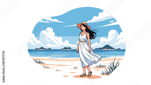 Vector illustration of a woman traveler enjoying a quiet Japanese beach, coastal tourism and summer travel lifestyle in clean flat vector style